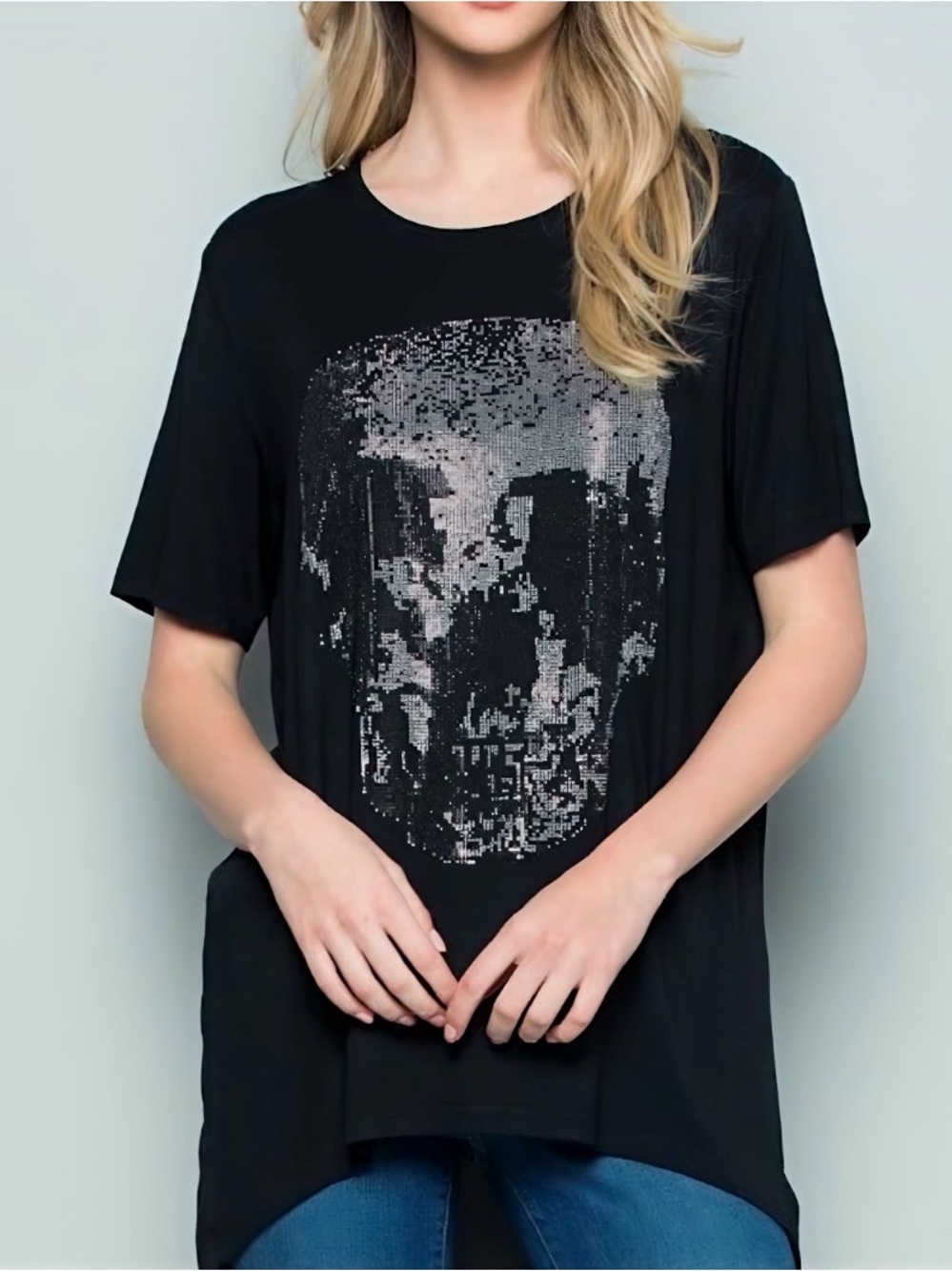 Comme USA Sparkle Studded Skull High-Low Tee Black Small
